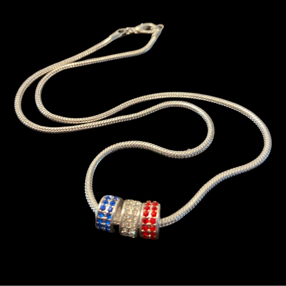 Patriotic Necklace, Red, White And Blue Rhinestones on Silver Tone Snake Chain